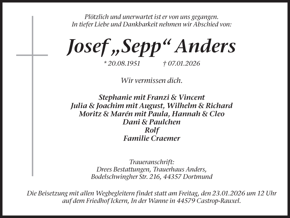  Traueranzeige für Josef Anders vom 17.01.2026 aus Stadtanzeiger Castrop-Rauxel