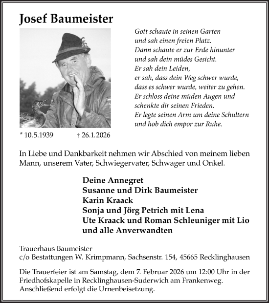 Traueranzeige von Josef Baumeister von Trauer Vest