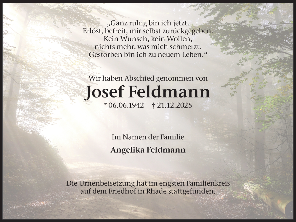  Traueranzeige für Josef Feldmann vom 14.01.2026 aus Ruhr Nachrichten und Dorstener Zeitung