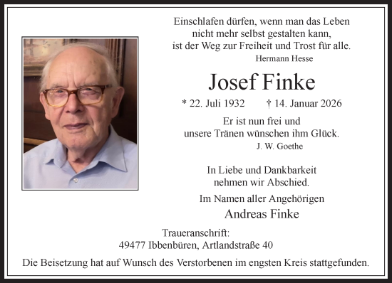 Traueranzeige von Josef Finke 