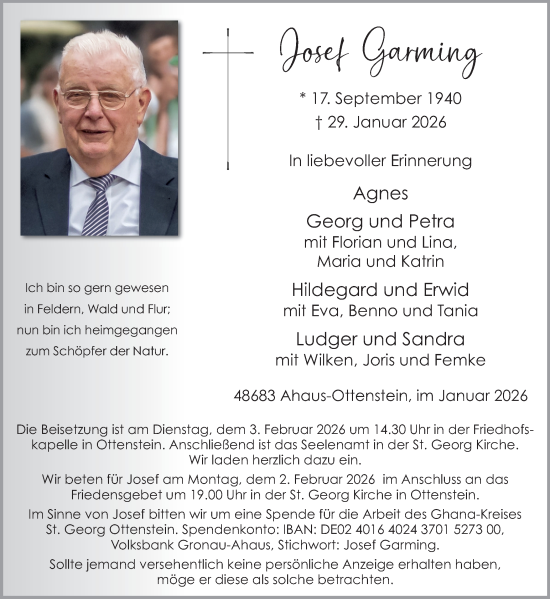 Traueranzeige von Josef Garming von Münsterland Zeitung