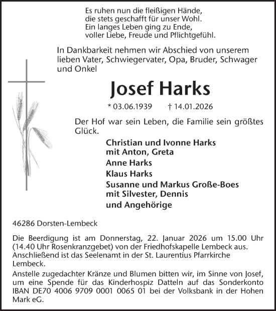 Traueranzeige von Josef Harks von Ruhr Nachrichten und Dorstener Zeitung