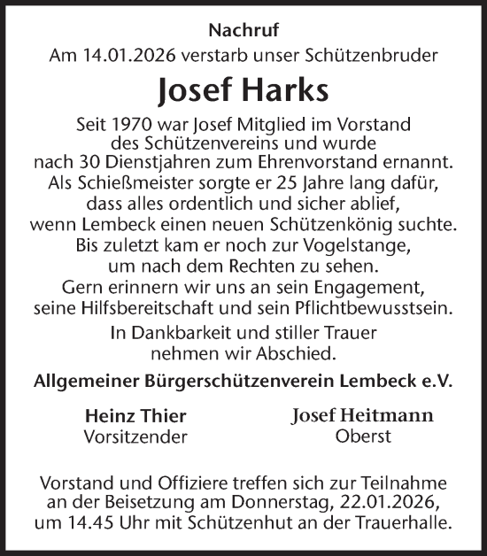 Traueranzeige von Josef Harks von Ruhr Nachrichten und Dorstener Zeitung