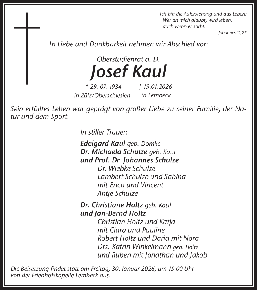  Traueranzeige für Josef Kaul vom 24.01.2026 aus Ruhr Nachrichten und Dorstener Zeitung