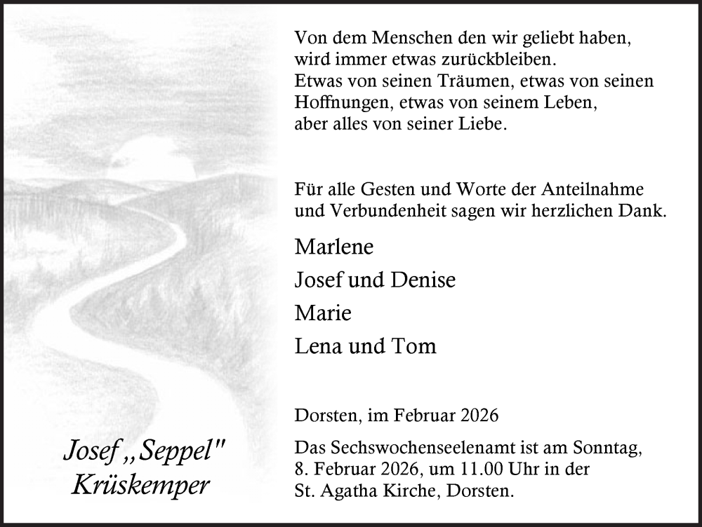  Traueranzeige für Josef Krüskemper vom 31.01.2026 aus Ruhr Nachrichten und Dorstener Zeitung