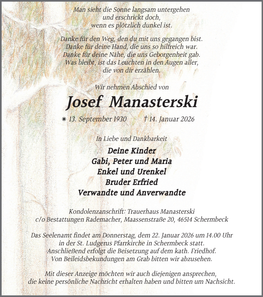  Traueranzeige für Josef Manasterski vom 17.01.2026 aus Ruhr Nachrichten und Dorstener Zeitung