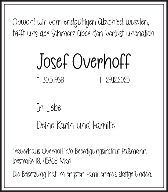 Traueranzeige von Josef Overhoff von Trauer Vest