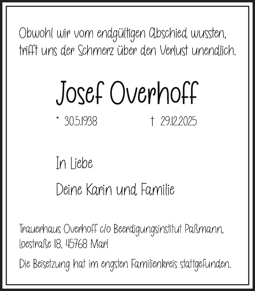  Traueranzeige für Josef Overhoff vom 10.01.2026 aus Trauer Vest