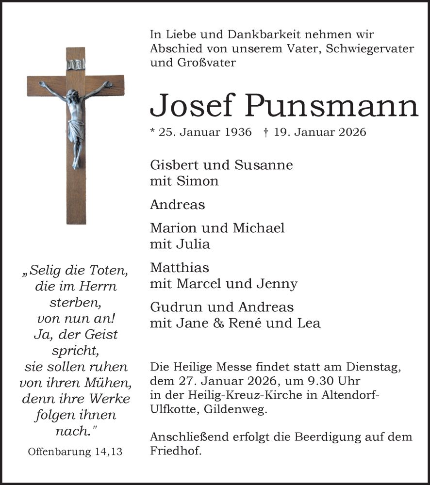  Traueranzeige für Josef Punsmann vom 24.01.2026 aus Ruhr Nachrichten und Dorstener Zeitung