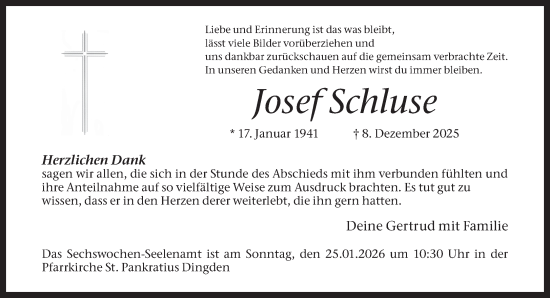 Traueranzeige von Josef Schluse 