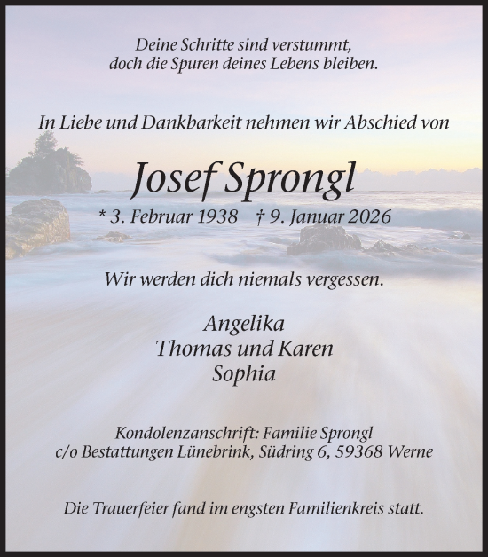 Traueranzeige von Josef Sprongl von Ruhr Nachrichten