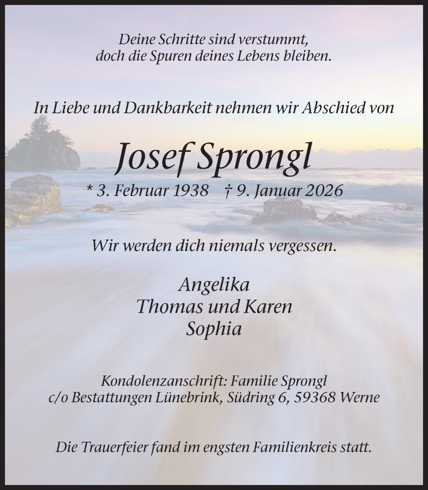  Traueranzeige für Josef Sprongl vom 28.01.2026 aus Ruhr Nachrichten