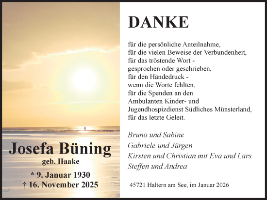 Traueranzeige von Josefa Büning von Ruhr Nachrichten und Halterner Zeitung