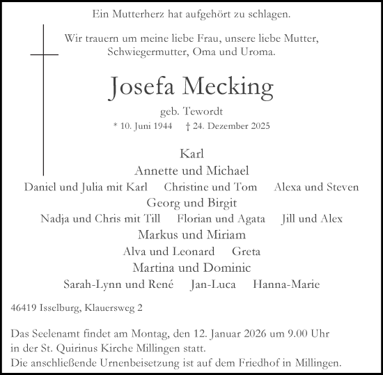 Traueranzeige von Josefa Mecking 