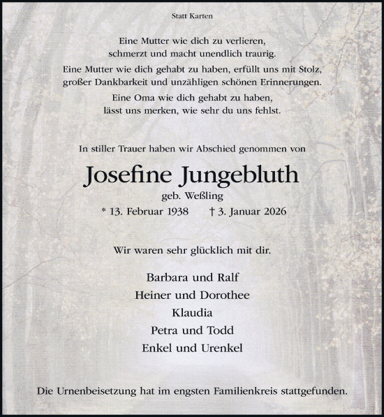 Traueranzeige von Josefine Jungebluth 