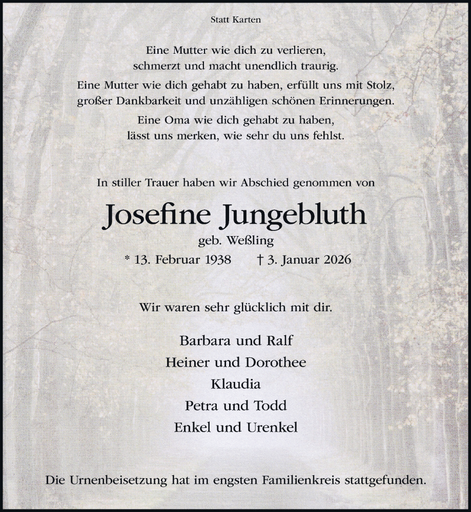 Traueranzeige für Josefine Jungebluth vom 21.01.2026 aus 