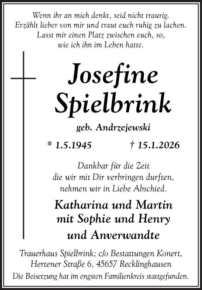  Traueranzeige für Josefine Spielbrink vom 24.01.2026 aus Trauer Vest