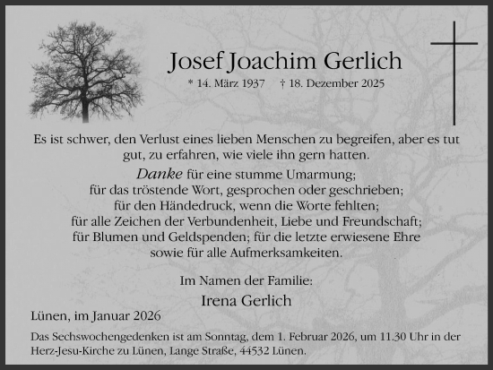 Traueranzeige von Josef Joachim Gerlich von Lüner Anzeiger