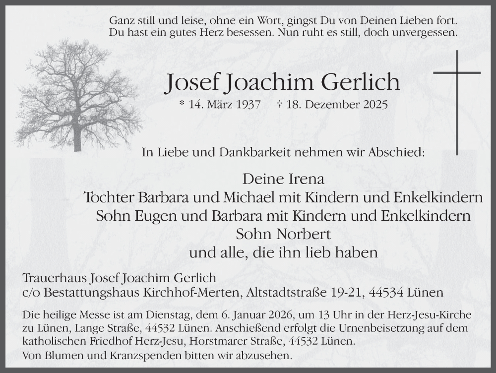  Traueranzeige für Josef Joachim Gerlich vom 03.01.2026 aus Ruhr Nachrichten