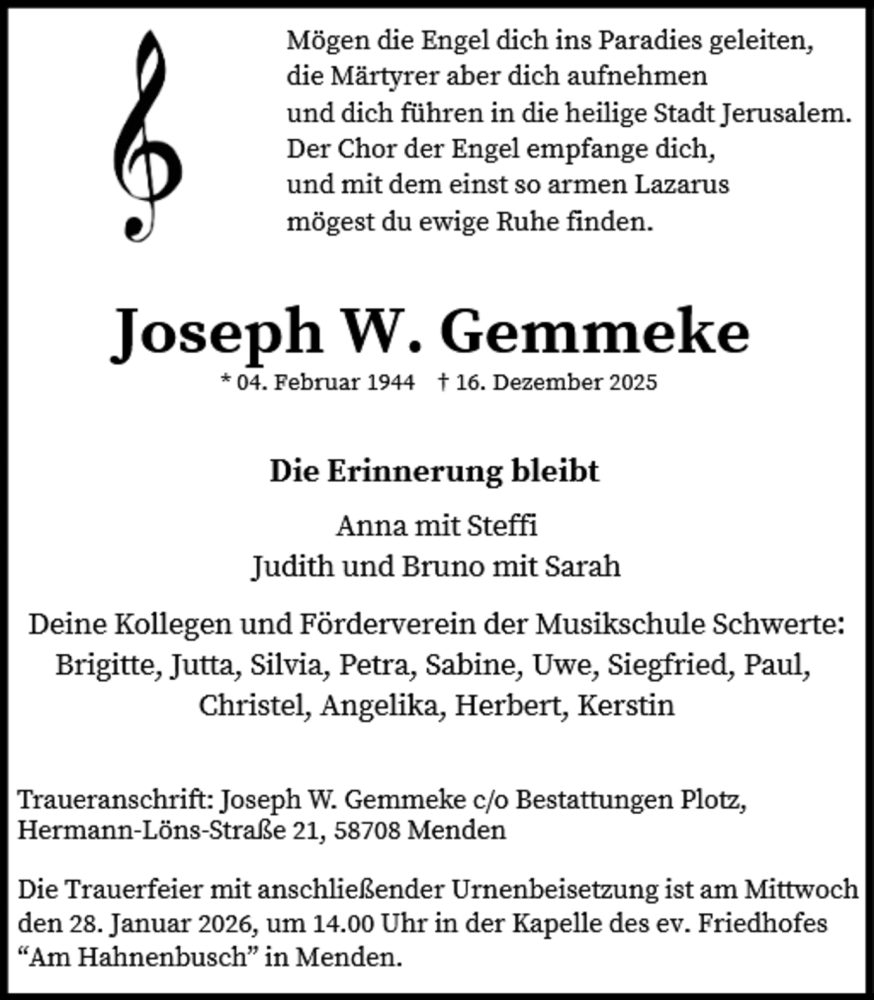  Traueranzeige für Joseph W. Gemmeke vom 17.01.2026 aus Ruhr Nachrichten
