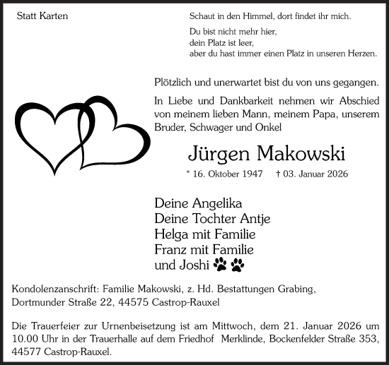 Traueranzeige von Jürgen Makowski von Stadtanzeiger Castrop-Rauxel