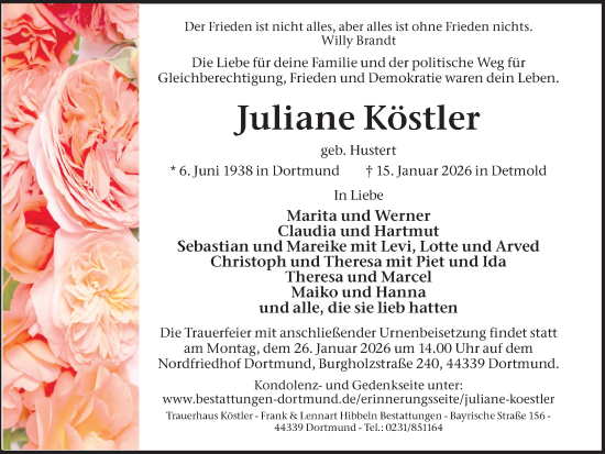 Traueranzeige von Juliane Köstler von Ruhr Nachrichten