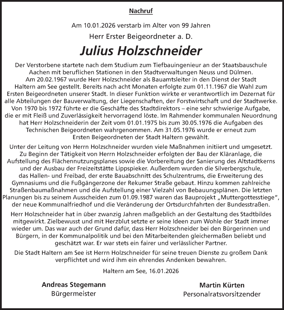  Traueranzeige für Julius Holzschneider vom 17.01.2026 aus Ruhr Nachrichten und Halterner Zeitung