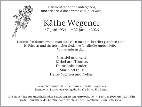 Traueranzeige von Käthe Wegener von Lüner Anzeiger