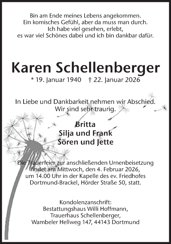 Traueranzeige von Karen Schellenberger von Ruhr Nachrichten