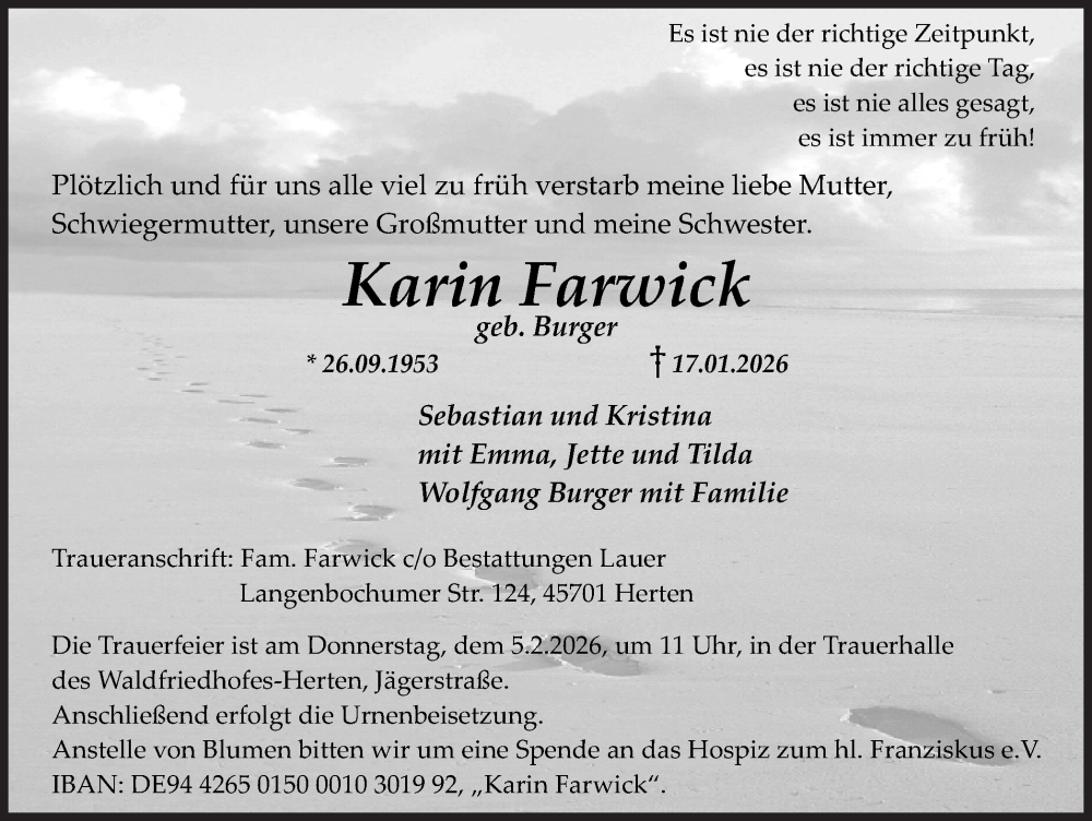  Traueranzeige für Karin Farwick vom 24.01.2026 aus Trauer Vest