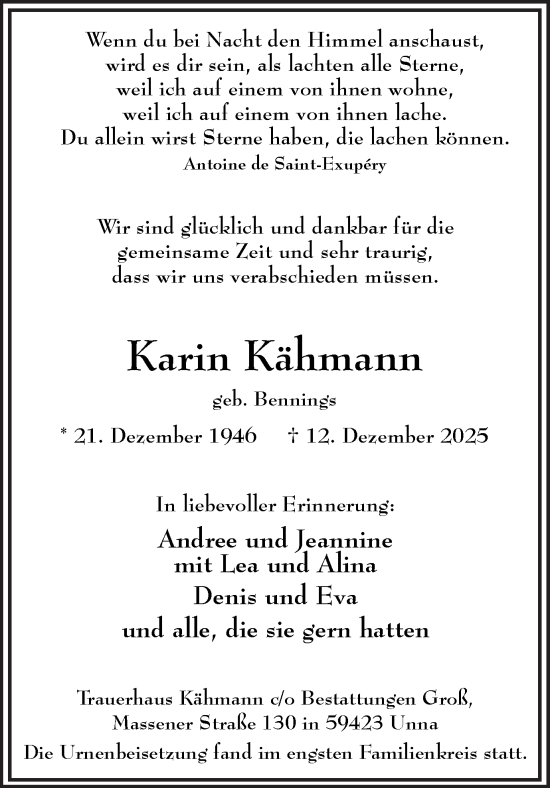Traueranzeige von Karin Kähmann von Hellweger Anzeiger