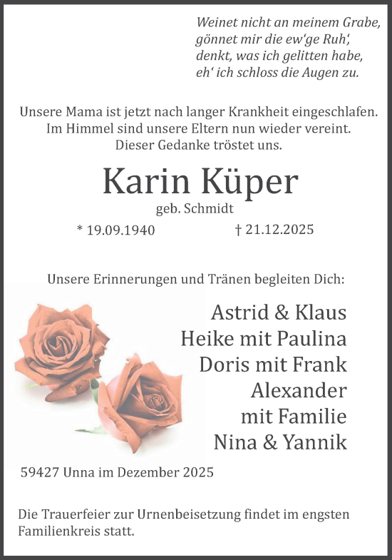 Traueranzeige von Karin Küper von Hellweger Anzeiger