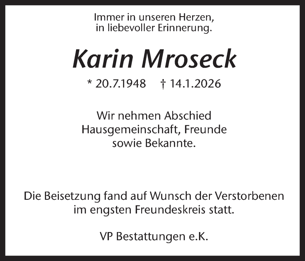  Traueranzeige für Karin Mroseck vom 31.01.2026 aus Ruhr Nachrichten