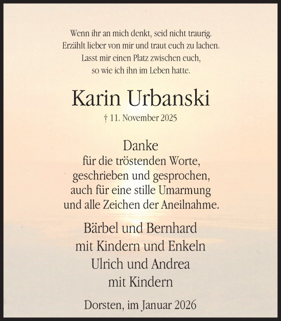 Traueranzeige von Karin Urbanski von Ruhr Nachrichten und Dorstener Zeitung
