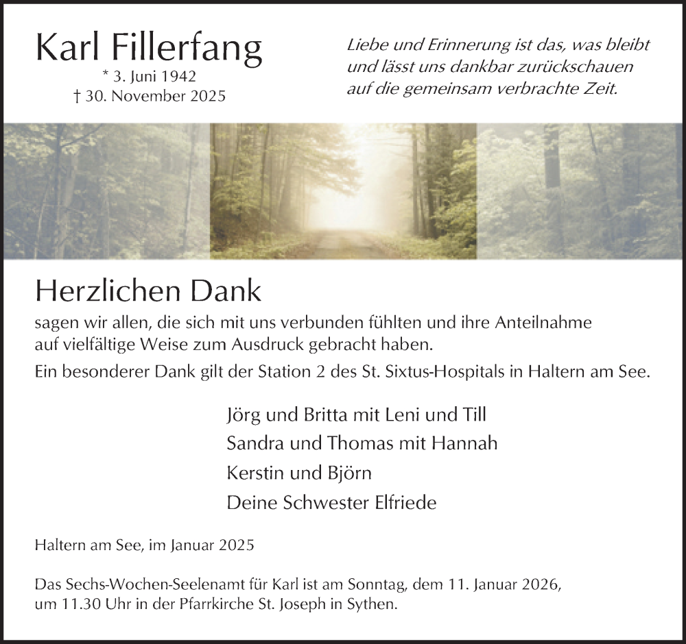  Traueranzeige für Karl Fillerfang vom 03.01.2026 aus Ruhr Nachrichten und Halterner Zeitung