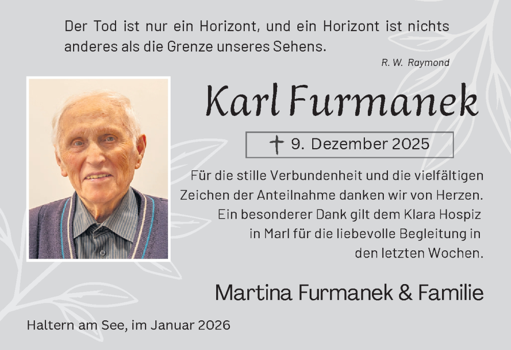  Traueranzeige für Karl Furmanek vom 24.01.2026 aus Ruhr Nachrichten und Halterner Zeitung