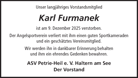 Traueranzeige von Karl Furmanek von Ruhr Nachrichten und Halterner Zeitung