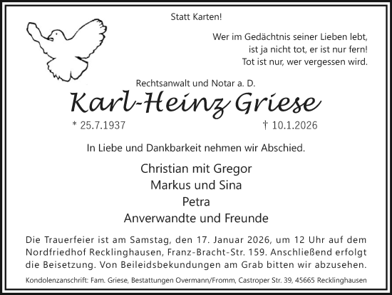 Traueranzeige von Karl-Heinz Griese von Trauer Vest