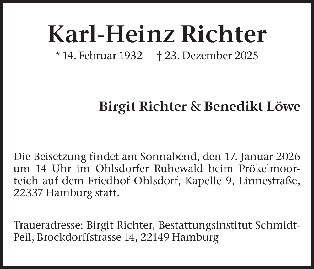  Traueranzeige für Karl-Heinz Richter vom 10.01.2026 aus Ruhr Nachrichten