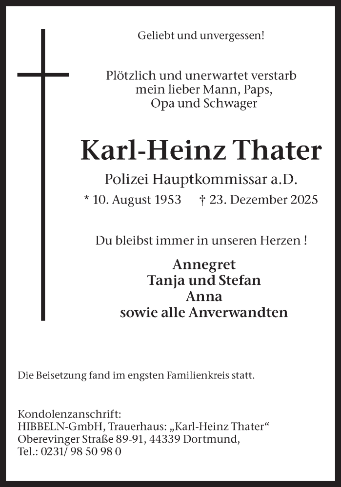  Traueranzeige für Karl-Heinz Thater vom 17.01.2026 aus Ruhr Nachrichten