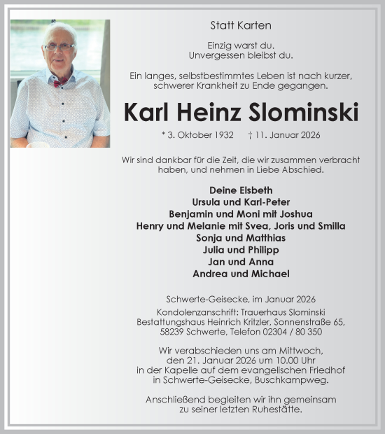 Traueranzeige von Karl Heinz Slominski von Ruhr Nachrichten