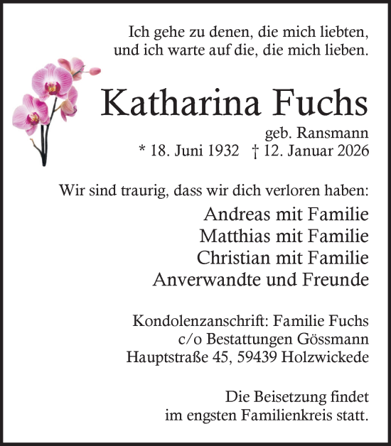 Traueranzeige von Katharina Fuchs von Hellweger Anzeiger
