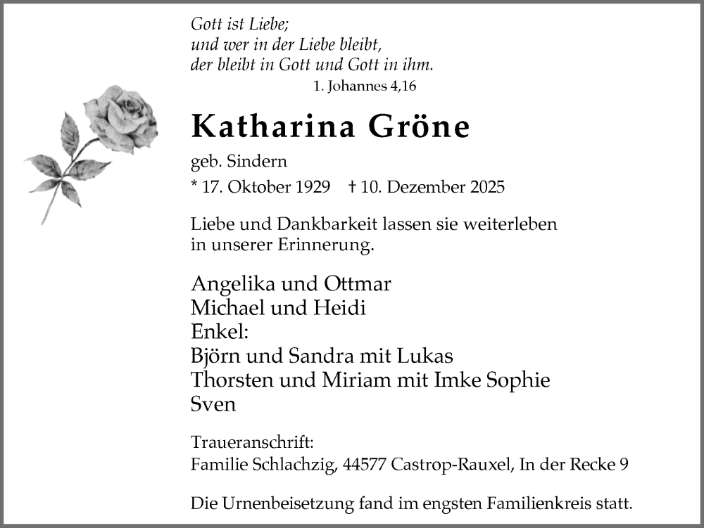  Traueranzeige für Katharina Gröne vom 10.01.2026 aus Stadtanzeiger Castrop-Rauxel