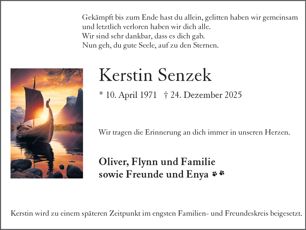  Traueranzeige für Kerstin Senzek vom 24.01.2026 aus Trauer Vest