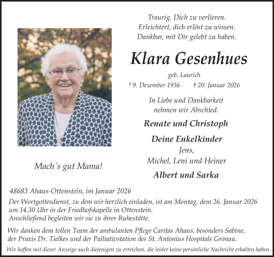 Traueranzeige von Klara Gesenhues von Münsterland Zeitung