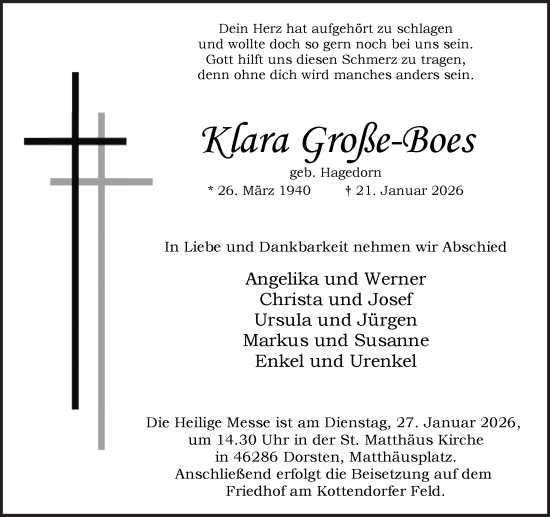 Traueranzeige von Klara Große-Boes von Ruhr Nachrichten und Dorstener Zeitung