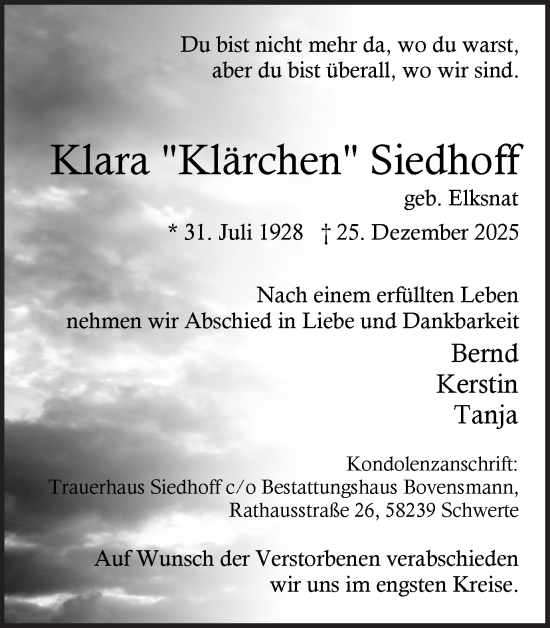 Traueranzeige von Klara Siedhoff von Ruhr Nachrichten