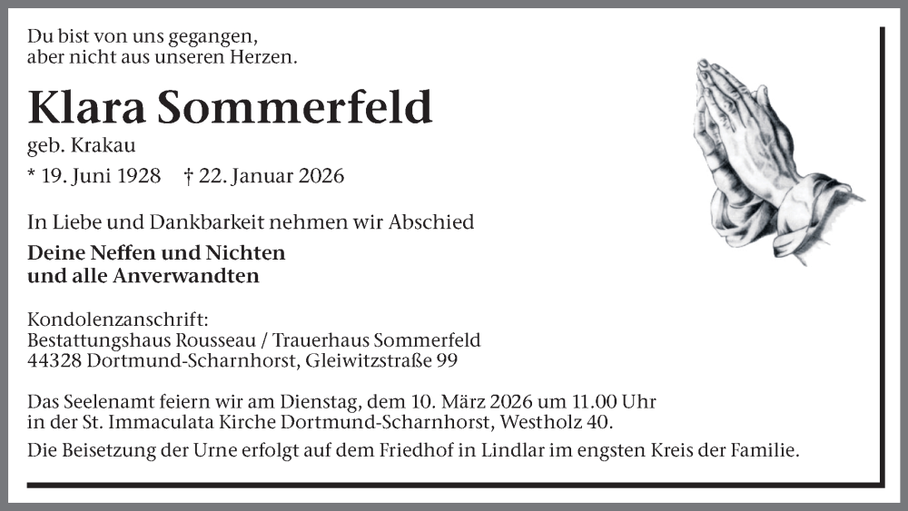  Traueranzeige für Klara Sommerfeld vom 31.01.2026 aus Ruhr Nachrichten