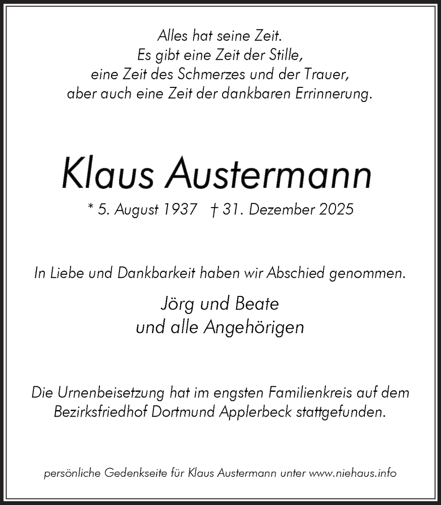  Traueranzeige für Klaus Austermann vom 17.01.2026 aus Ruhr Nachrichten