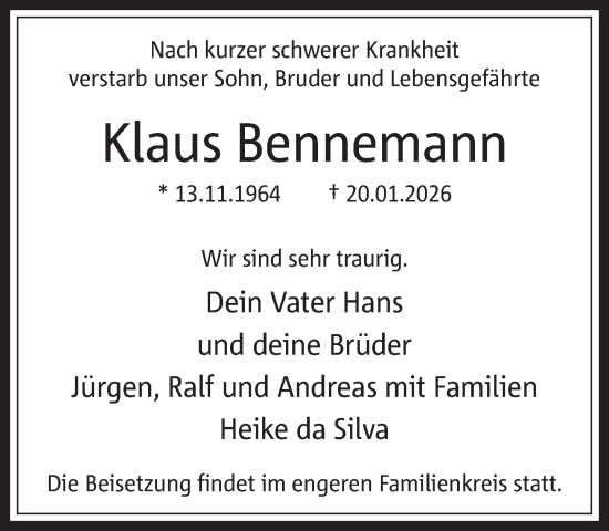 Traueranzeige von Klaus Bennemann 